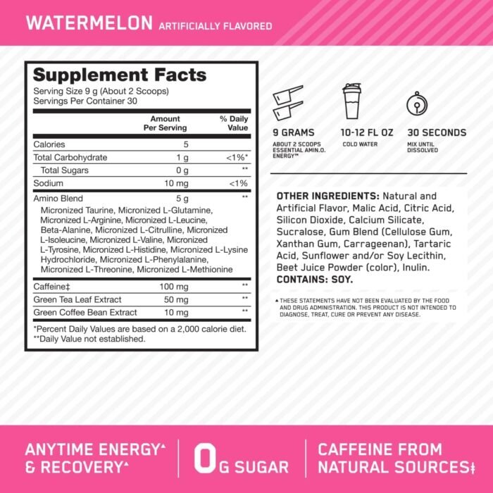 Optimum Nutrition Amino Energy - Pre Workout with Green Tea, BCAA, Amino Acids, Keto Friendly, Green Coffee Extract, Energy Powder - Watermelon, 30 Servings (Packaging May Vary) - Image 4