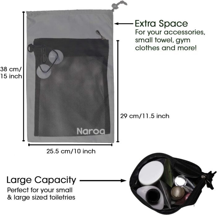 Naroa Waterproof Multifunctional Toiletry Shower Bag for Gym, Travel, Business and Foldable Portable Hanging Bathroom Mesh Caddy with Wet & Dry Storage Suction Hook Tote for Men Women - Image 7