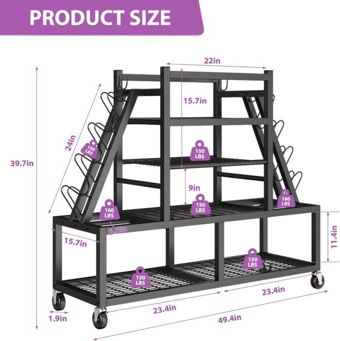 Dumbbell Rack Weight Rack Storage-Large Dumbbells Rack Home Gym Storage,Multilevel Workout Storage Organizer with Wheels and Barbell Holder,Perfect for Yoga Mat Balls Kettlebells and Fitness Gear,black - Image 9