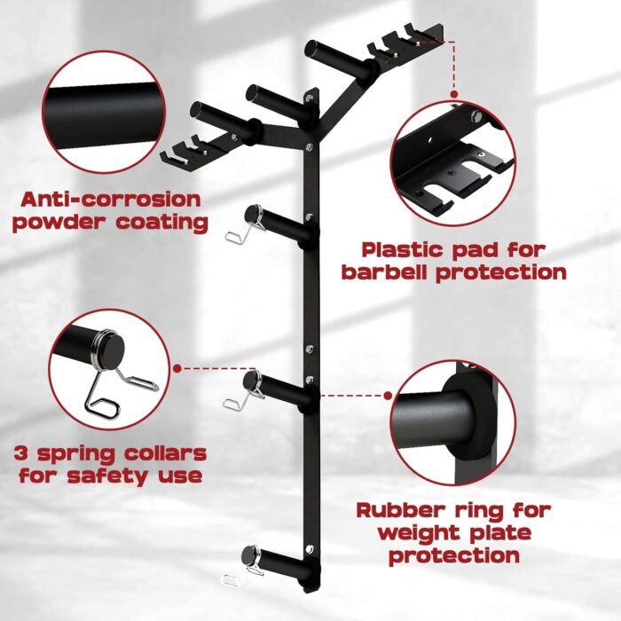 Yes4All 6 Pegs & 4 Barbell Storage Racks Load Up to 1190 LBS - Wall Mounted Weight Plate Tree & Barbell Holder - Image 4