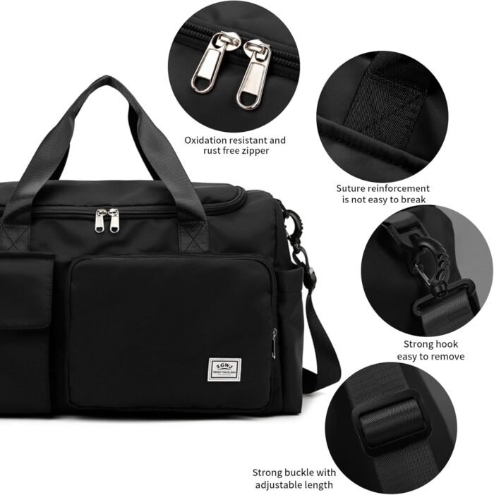 Travel Duffel Tote Bag with Dry Wet Separation Pocket, Weekender Bag for Women and Men，Waterproof Bag with Shoe Compartment Lightweight and Easy Carry on Black - Image 5