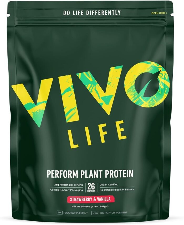 Vivo life Perform Plant Protein Powder - Vegan Strawberry & Vanilla, 26 Servings - 988g (34.85oz) - Pea & Hemp Protein Blend with BCAA - Image 2