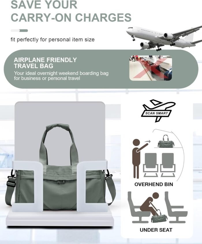 Gym Bag for Women Men with Shoe Compartment, Sport Duffel Bag, Waterproof Travel Weekender Overnight Carry on Bag for Yoga with Trolley Sleeve, Green - Image 4