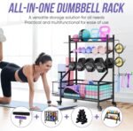 WUC Dumbbell Rack, Adjustable Weight Rack for Home Gym Storage for Dumbbells Kettlebells Yoga Mat & Balls, All in One Workout Equipment Storage Rack with Wheels, Powder Coated Steel, Black - Image 3