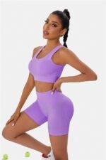 Workout Outfits Sets for Women 4 piece Seamless Backless Tank Sport Bra High Waist Short Yoga Gym Matching Active Set - Image 4