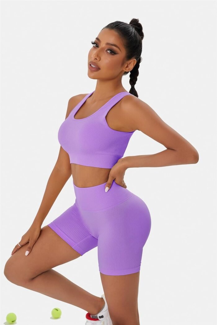 Workout Outfits Sets for Women 4 piece Seamless Backless Tank Sport Bra High Waist Short Yoga Gym Matching Active Set - Image 4