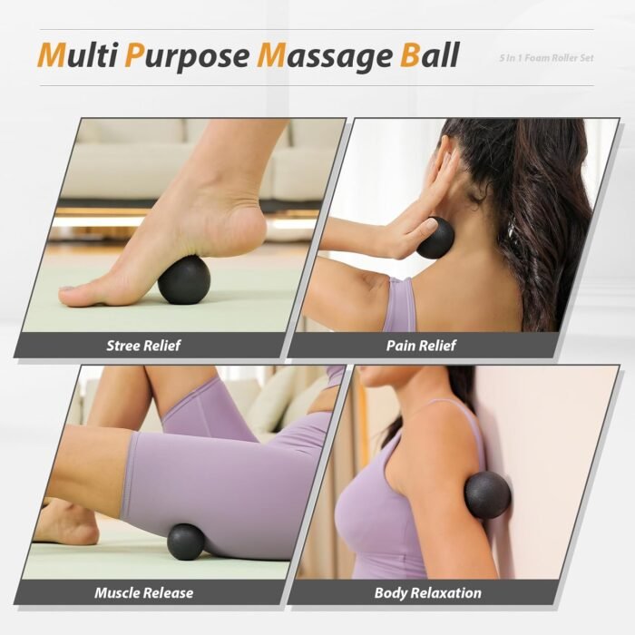5 in1 Foam Roller Set, Trigger Point Foam Roller, Massage Roller Stick, Massage Ball, Resistance Band for Deep Muscle Massage Pilates Yoga,Fitness Exercise for Whole Body (Pure Black) - Image 6