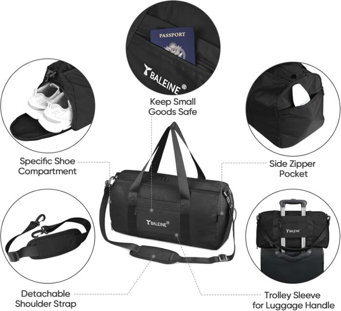 BALEINE Gym Bag for Women and Men, Small Duffel Bag for Sports, Gyms and Weekend Getaway, Waterproof Dufflebag with Shoe and Wet Clothes Compartments, Lightweight Carryon Gymbag (Black) - Image 4