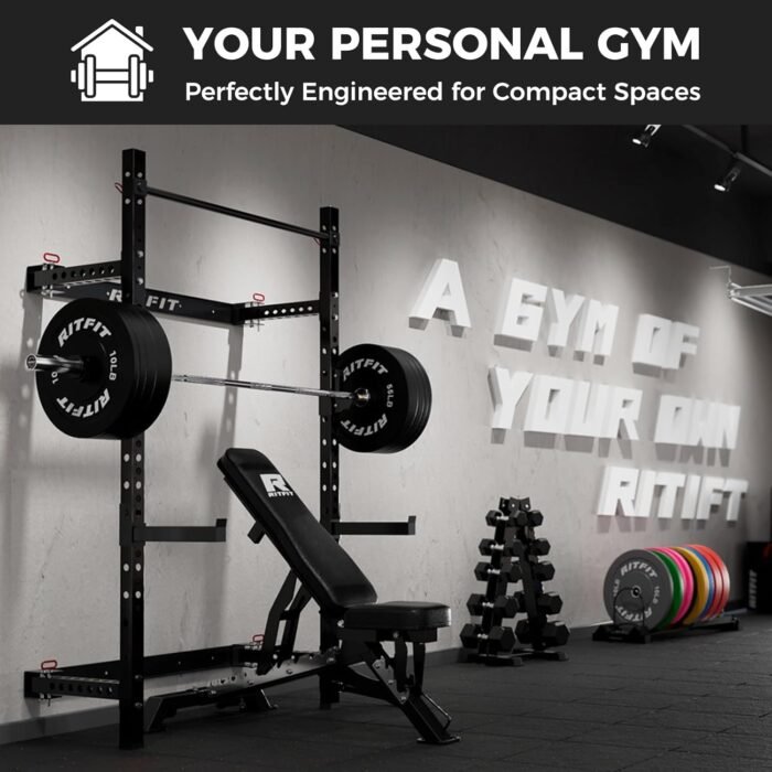 RitFit Multi-Functional Folding Squat Rack for Home Gym, 2.36'' x 2.36'' Wall Mounted Squat Rack with Attachments - Space Saving Squat Power Rack - Image 3
