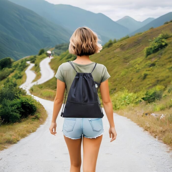Drawstring Backpack Sport Gym Bag for Women ＆ Men,beach bag，Waterproof Lightweight Backpack With Outer Storage，Best workout bag for dance/hiking/soccer/basketball (Black) - Image 9