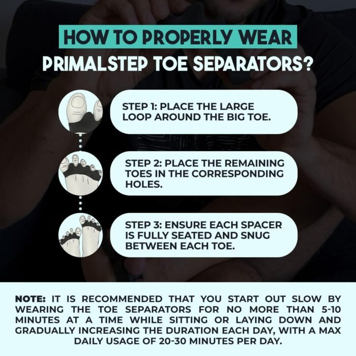 VYCE PrimalStep Toe Separators - Doctor Recommended - Correct Foot and Bunion Pain, Plantar Fasciitis - Toe Straightener to Improve Functional Athletic Mobility - Stretches to Fit (S/M) - Image 8