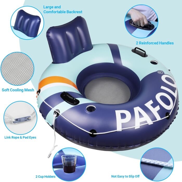 Inflatable River Tube Float, 53‘’Pool Float Adult, River Tubes for Floating Heavy Duty with Mesh Bottom, Water Tubes for Beach Lake Rafting, Comfortable Backrest & Cup Holders,450 lbs Weight Capacity - Image 7