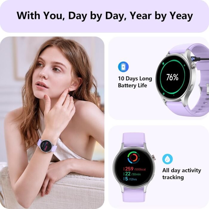 aeac Smart Watch for Women, AMOLED Ultra-Clear Screen Activity Trackers with Heart Rate/Sleep/SpO2 Monitor, Smartwatch for iPhone/Samsung/Android, 110+ Sport Modes (Gray, S/M/L, Purple) - Image 5