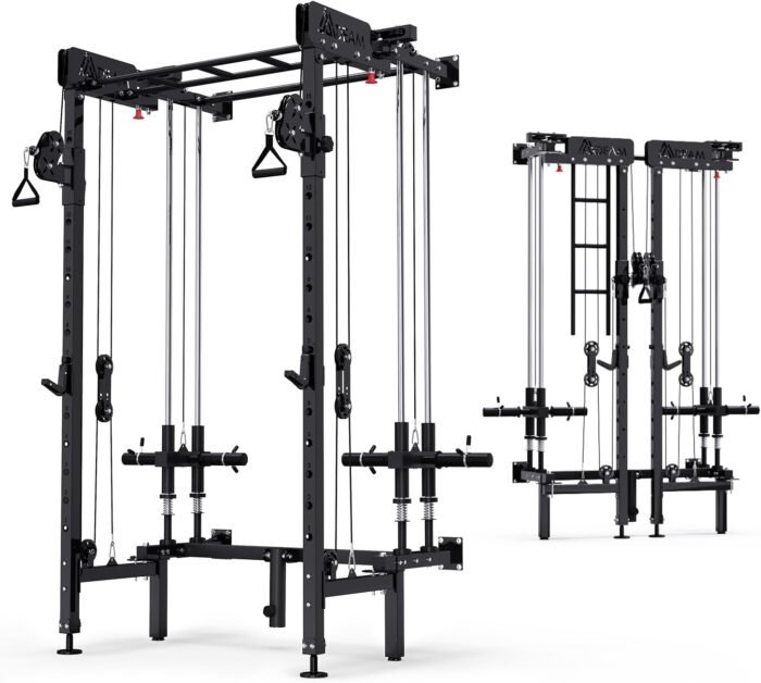 Folding Squat Rack, Wall Mounted Power Rack with Cable Crossover Machine & LAT Pull Down Multi-Function Space-Saving Power Cage with 7 Adjustable Modes/Dual Pulley System/Pull-up Bar/360°Landmine - Image 2