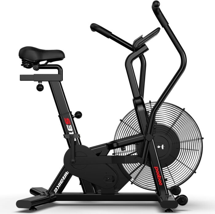 pooboo Exercise Bike, Stationary Bike for Home Gym, Air Resistance Bluetooth Fan Bike w/Dual Acction Handlebars & Dual-Layer Transmission System, Upright AirBike Indoor Cycling Bike for Cardio Workout - Image 2