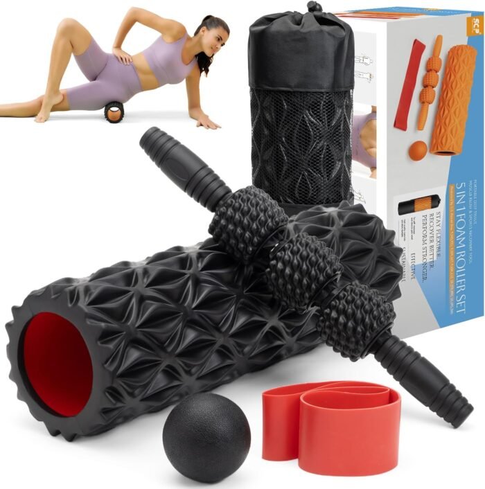 5 in1 Foam Roller Set, Trigger Point Foam Roller, Massage Roller Stick, Massage Ball, Resistance Band for Deep Muscle Massage Pilates Yoga,Fitness Exercise for Whole Body (Pure Black) - Image 2