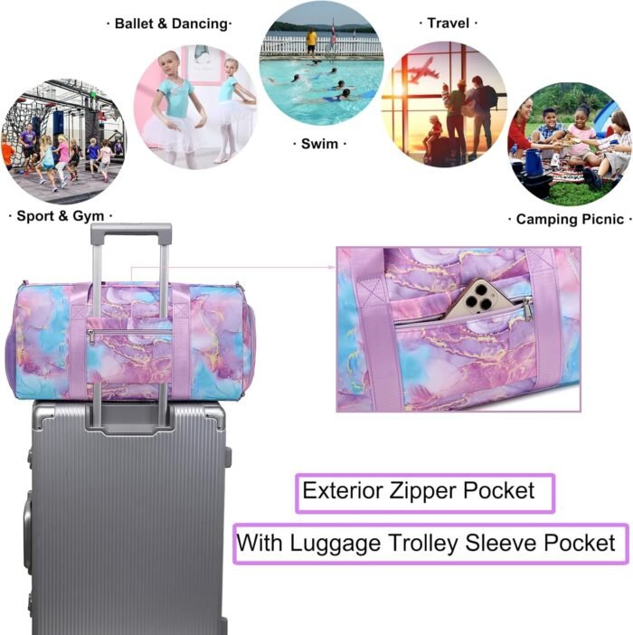 Gym Duffle Dance Ballet Bag with Separate Dry Wet Pocket and Shoes Compartment - Weekender Overnight Travel Foldable Bag for Girls Teen Women (Purple) - Image 7