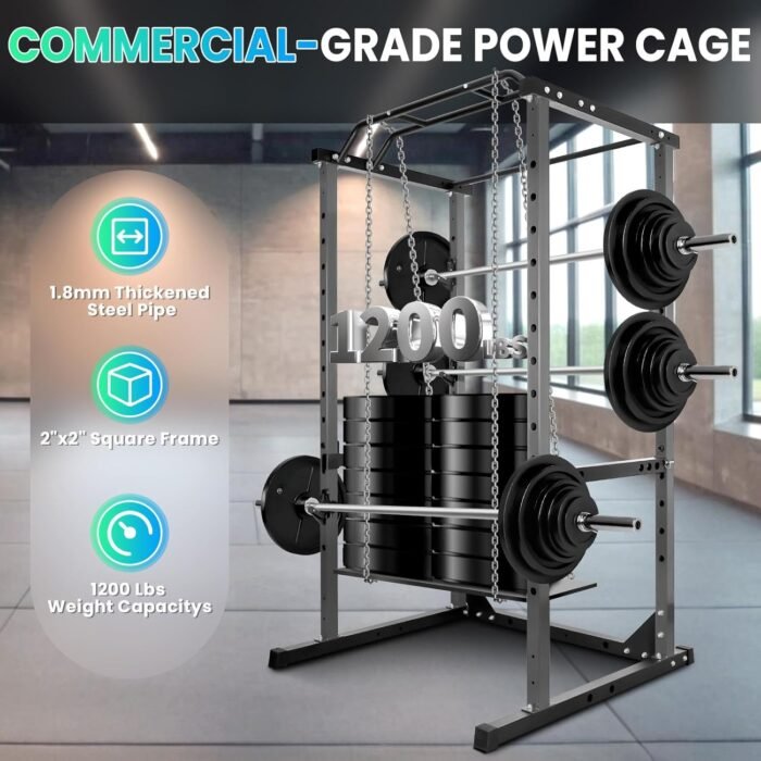 HUYUTT Power Cage, 1200LB Squat Rack with 14-Hole Pull-Up Bar, 2 Steel Frame, Adjustable J-Hooks and Safety Bars, for Home Gym Strength Training, Black - Image 6