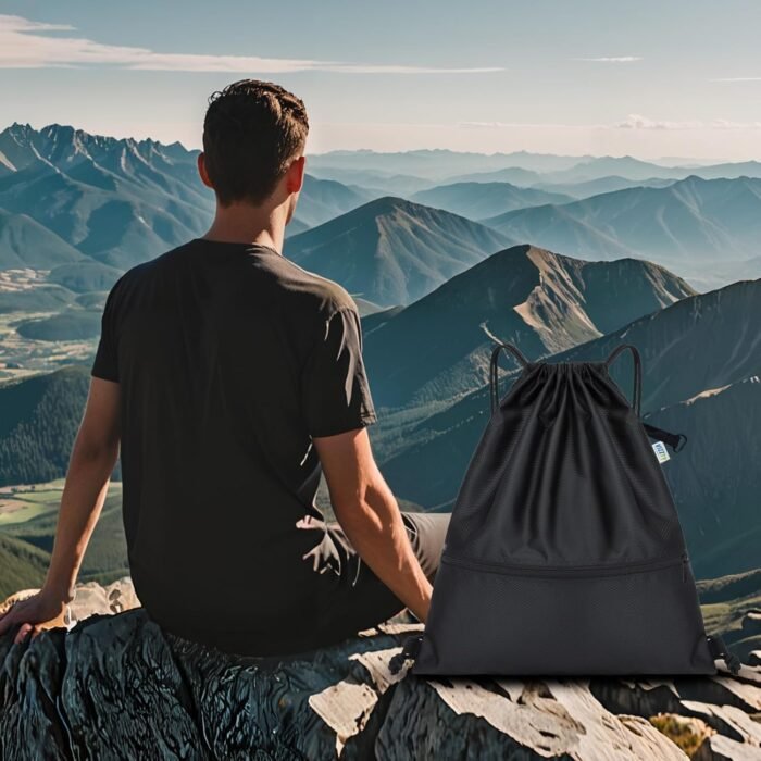 Drawstring Backpack Sport Gym Bag for Women ＆ Men,beach bag，Waterproof Lightweight Backpack With Outer Storage，Best workout bag for dance/hiking/soccer/basketball (Black) - Image 8