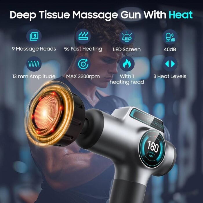 Massage Gun, High-Performance Percussion Massager for Muscle Relief, Professional Deep Tissue Massage Gun&Handheld Muscle Massage Gun with Heat for Full-Body Relaxation with Storage Bag, - Image 4