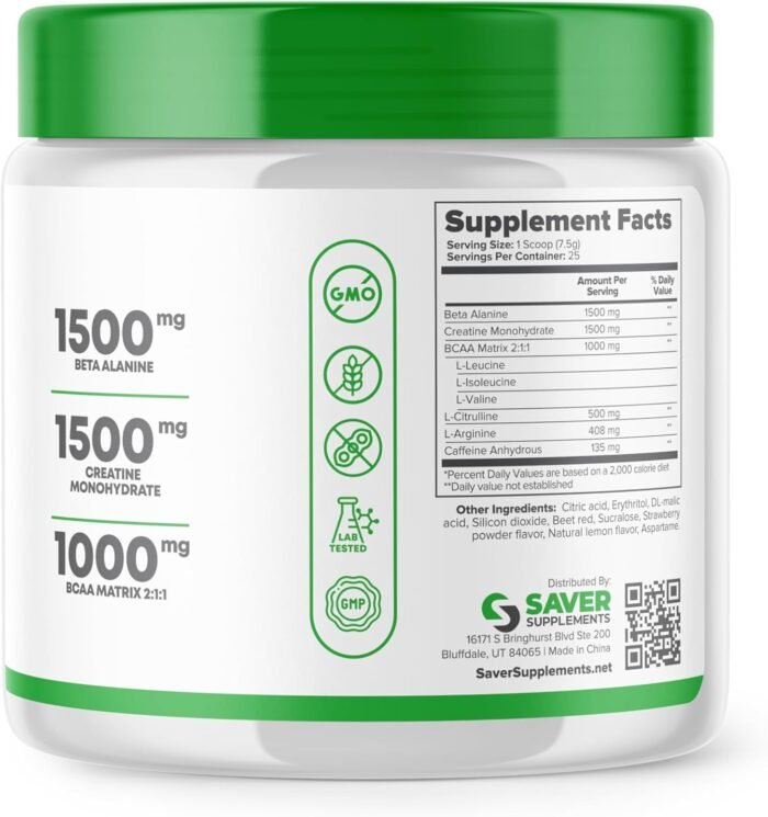Pre Workout Powder with Beta Alanine, Creatine Monohydrate, BCAA, L Citrulline, L Arginine and Caffeine - Strawberry Lemonade Flavor - 25 Servings - Image 10