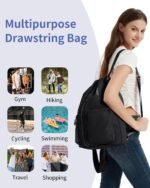 WANDF Drawstring Backpack Sports Gym Bag with Shoes Compartment, Water-Resistant String Beach Sackpack Swim Bag for Women and Men (Black) - Image 10