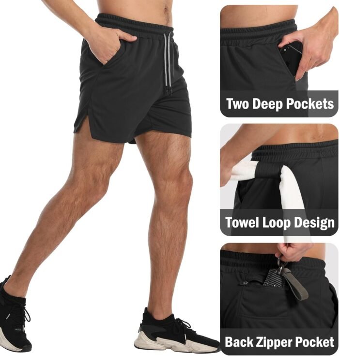 Aolesy Men's Gym Workout Shorts 5" Lightweight Bodybuilding Athletic Shorts Running Training with Zip Pockets & Towel Loop - Image 5