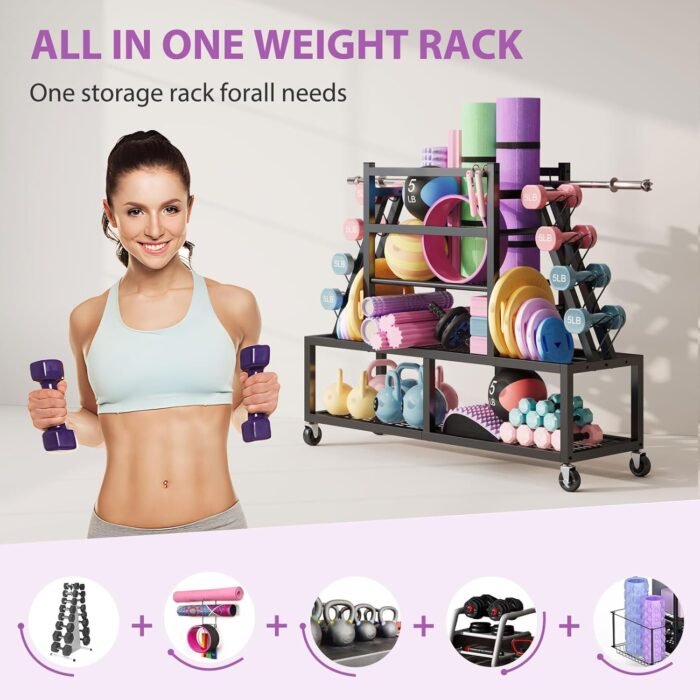 Dumbbell Rack Weight Rack Storage-Large Dumbbells Rack Home Gym Storage,Multilevel Workout Storage Organizer with Wheels and Barbell Holder,Perfect for Yoga Mat Balls Kettlebells and Fitness Gear,black - Image 4