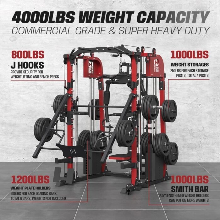 Commercial SmithMachine with Smith Bar, Home Gym Station with Dual Weight Stacks, 4000LBS Power Cage Squat Rack with Lever Arm, Leg Press, LAT Pull Down, Cable Crossover Machine for Full Body Training - Image 9