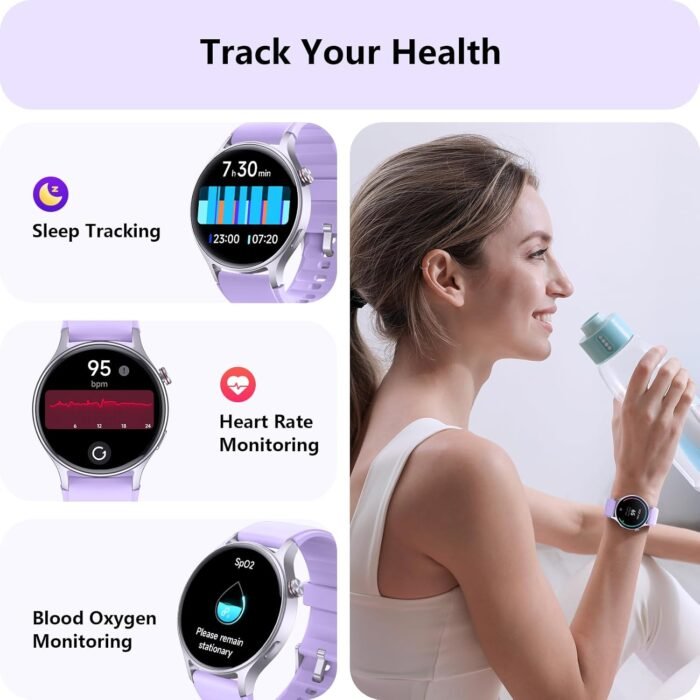 aeac Smart Watch for Women, AMOLED Ultra-Clear Screen Activity Trackers with Heart Rate/Sleep/SpO2 Monitor, Smartwatch for iPhone/Samsung/Android, 110+ Sport Modes (Gray, S/M/L, Purple) - Image 3