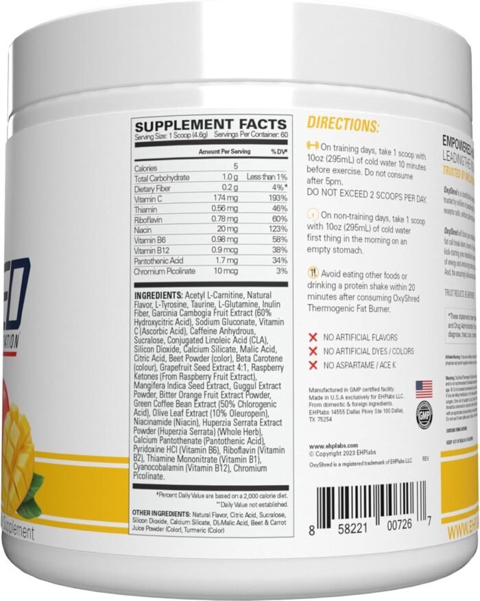 EHP Labs OxyShred Pre Workout Powder - Preworkout Powder with L Glutamine & Acetyl L Carnitine, Energy Boost Drink - Mango, 60 Servings - Image 9