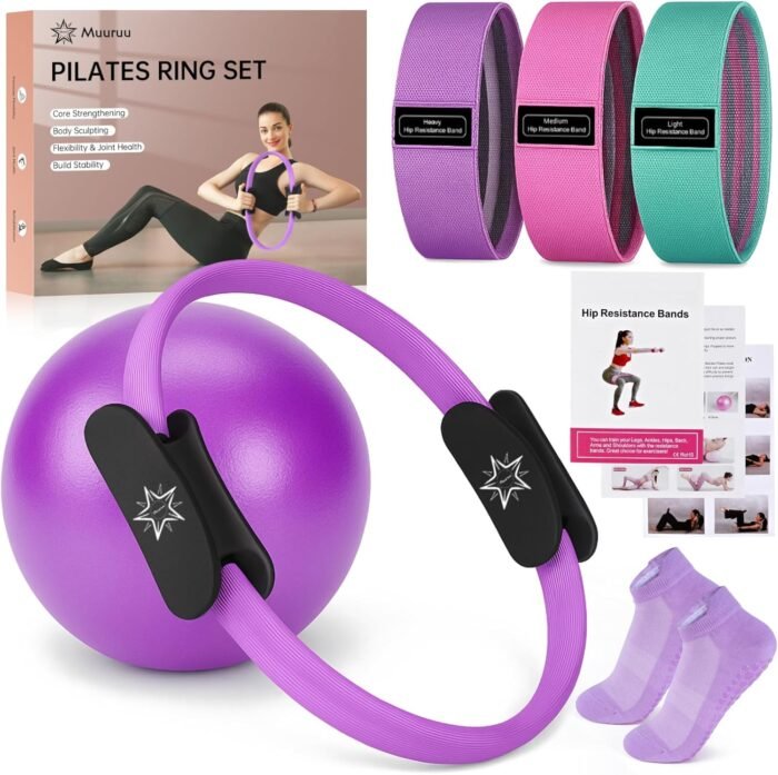 Pilates Essentials Kit for Home Women, Ring and Ball Set, Pilates Equipment for Workouts, 3 Resistance Bands, Grip Socks, 14 Inch Magic Circle, Mini Exercise Ball, Great Exercise Equipment - Image 2
