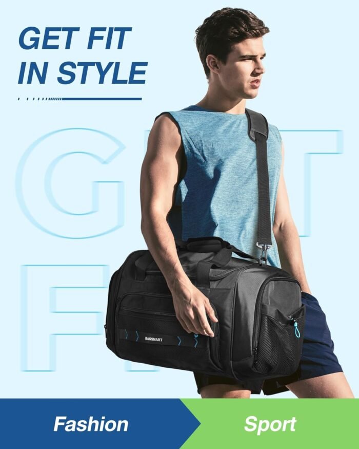 BAGSMART Gym Bag for Men & Women, Sports Travel Duffel Bag Carry-on Bag, Lightweight Weekend Overnight Bag with Shoe Compartment & Wet Pocket, Water-resistant Workout Duffle Bag for Travel Gym -Black - Image 4