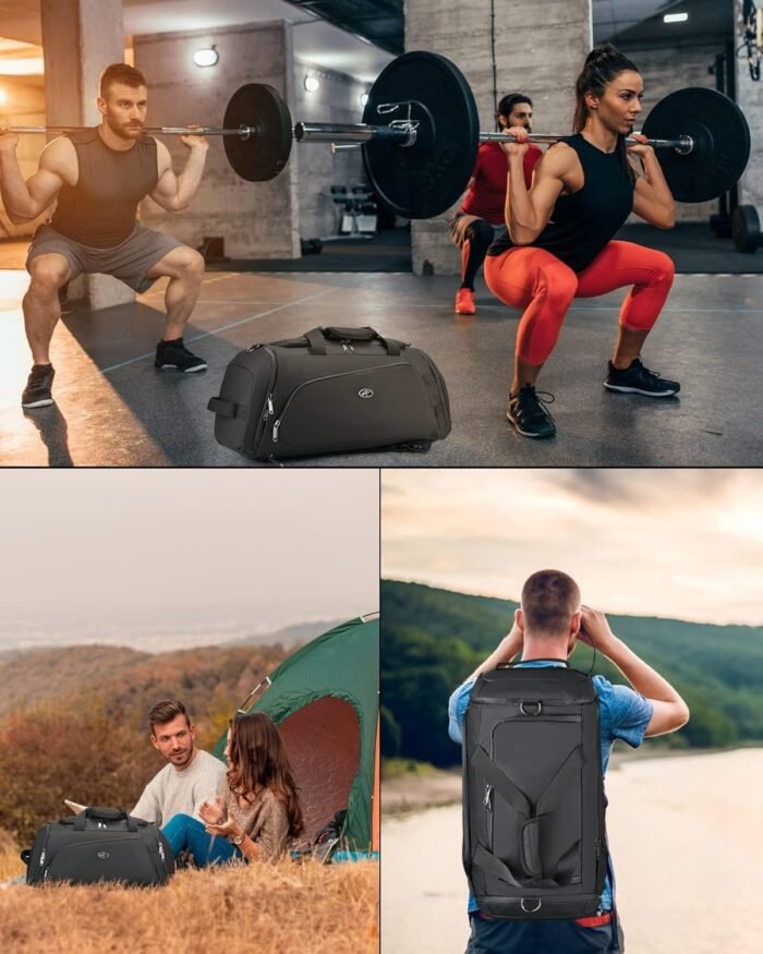 LOKASS Gym Bag for Men/Women-Duffle Sports Bag with Shoe Compartment, Carry On Weekender/Overnight Bag, Waterproof Gym Backpack Travel Bag for Camping (Black，Large) - Image 9