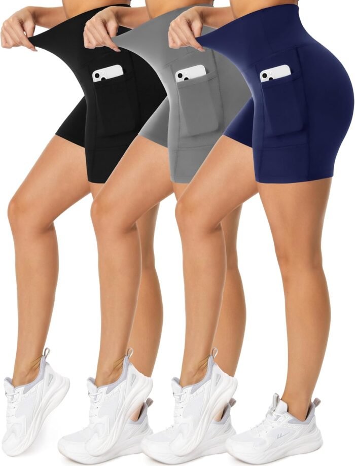iaoja 3 Pack Biker Shorts for Women with Pockets-5" Tummy Control Fitness Athletic Workout Running Yoga Gym Shorts - Image 2