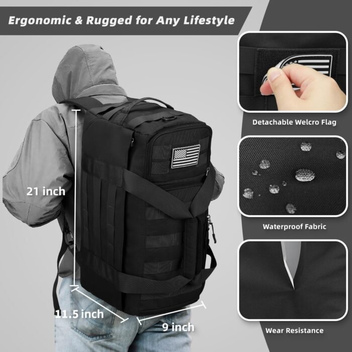 ZOMFELT Tactical Gym Bag for Men, 3-in-1 Travel Duffle Bag with Removable Dividers & Innovative Shoe Compartment, Waterproof MOLLE Travel Backpack, Airplane Carry-On Approved Workout, Outdoor, Black - Image 5