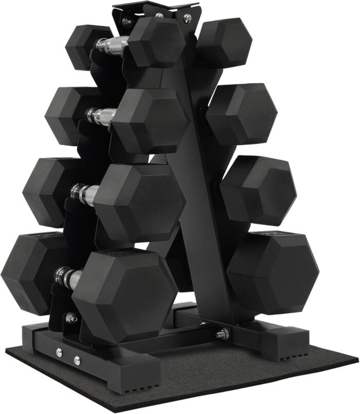 Rubber Coated Hex Dumbbell Weight Set and Storage Rack, 100LB Set or 150LB Set, 5-20 lbs Pairs or 5-25 lbs Pairs - Image 2