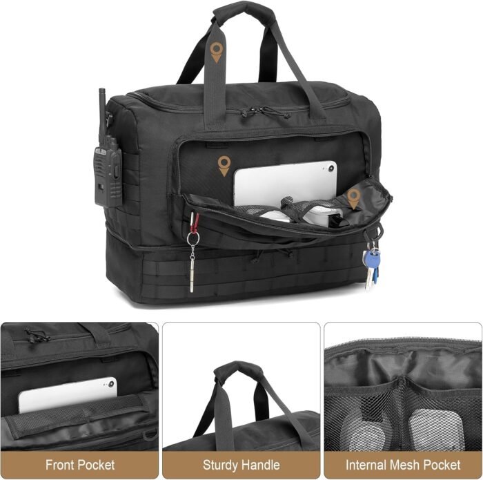 Travel Bag for Men,Military Tactical Gym Duffle Bag with Shoe Compartment Tactical Duffle Bags for Travel Carry on Bag Weekender Overnight Sport Duffel Range Bag for Workout-Black - Image 4