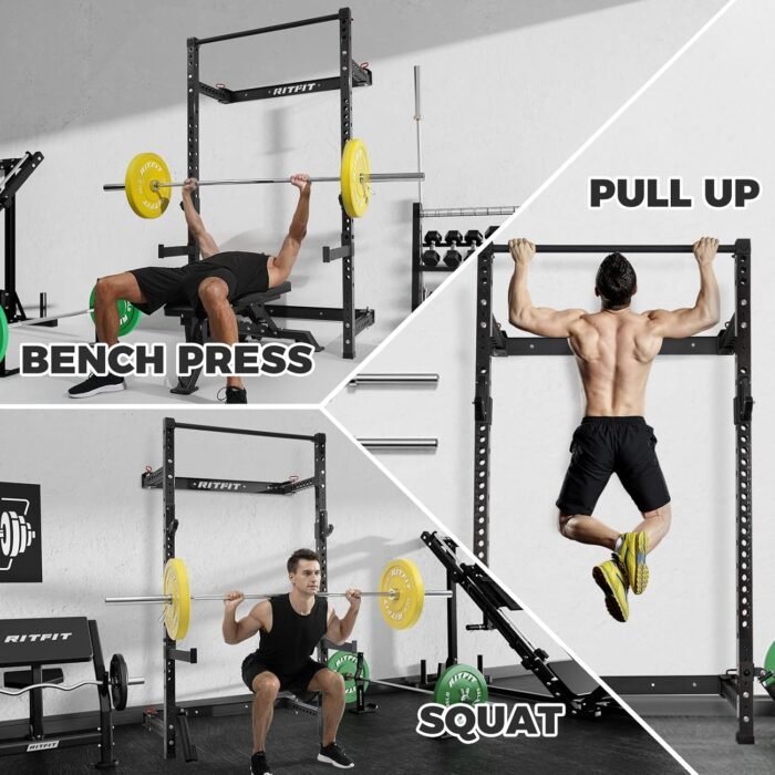 RitFit Multi-Functional Folding Squat Rack for Home Gym, 2.36'' x 2.36'' Wall Mounted Squat Rack with Attachments - Space Saving Squat Power Rack - Image 7
