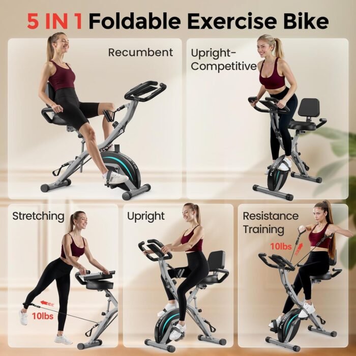 Pleny Folding Exercise Bike, 5 IN 1 Stationary Bikes for Home 6.6 LBS Flywheel, 330LB Weight Capacity Back Support Cushion Indoor Workout Cycling Bike for Home Gym - Image 3