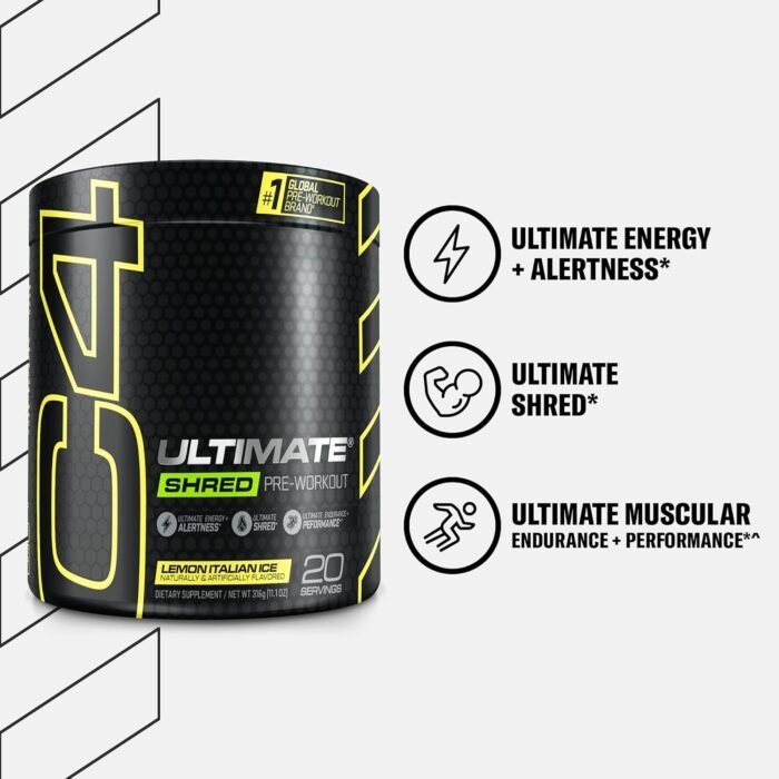 Cellucor C4 Ultimate Shred Pre Workout Powder for Men & Women, Metabolism Supplement with Ginger Root Extract, Lemon Italian Ice, 20 Servings (Pack of 1) - Image 4