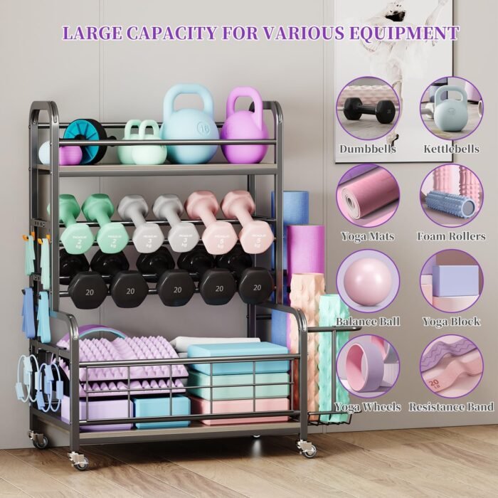 Homeiju 450LBS Dumbbell Rack,Weight Rack for Dumbbells,Weight Rack for Home Gym,Home Gym Storage for Strength Training Dumbbell Racks Stand with Wheels&Hooks - Image 4