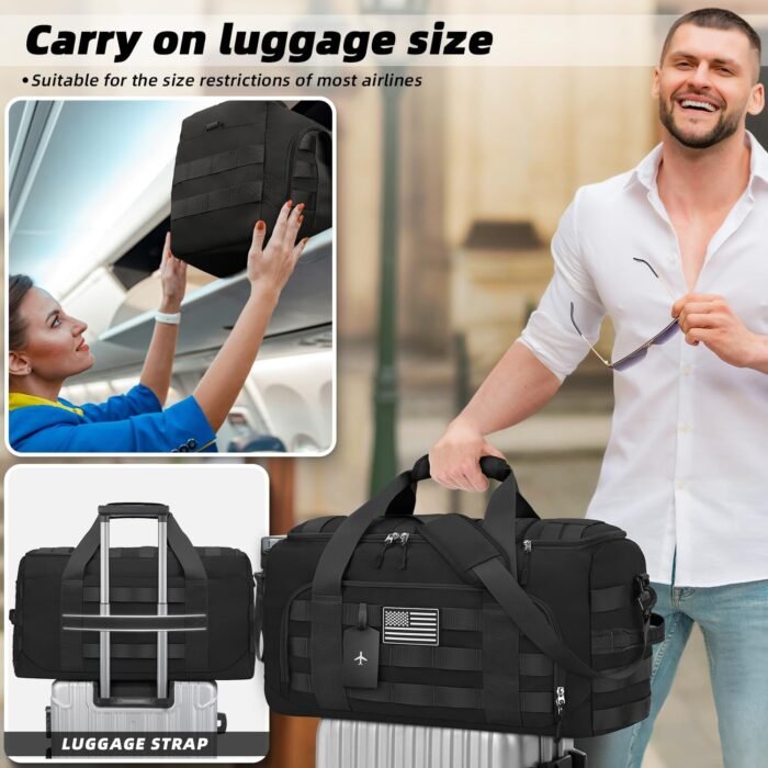 ZOMFELT Tactical Gym Bag for Men, 3-in-1 Travel Duffle Bag with Removable Dividers & Innovative Shoe Compartment, Waterproof MOLLE Travel Backpack, Airplane Carry-On Approved Workout, Outdoor, Black - Image 6
