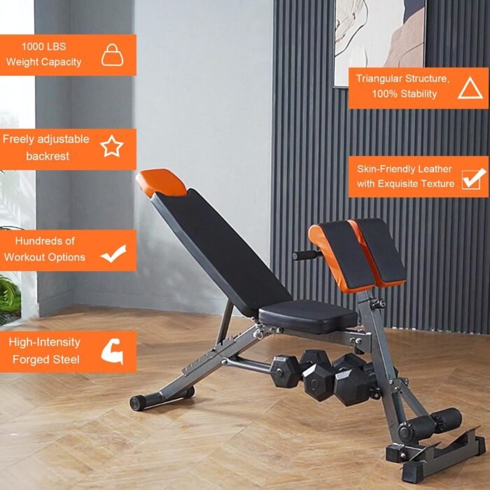 Adjustable Weight Bench 1000LBS– Multi-Functional Full Body Workout Equipment: Hyperextension, Roman Chair, Sit-Up Bench, Incline & Decline Bench, Flat Bench For Home Gym (Black and Orange) - Image 4