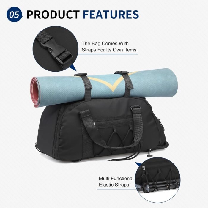 Unisex Travel Duffle Bag for Men Women, Waterproof Gym Bag with Shoe Compartment & Football Compartment, 32L Carry on Bag for Sports & Fitness, Black - Image 7