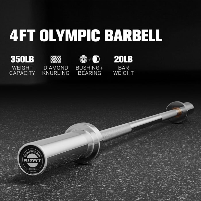 RITFIT Olympic Barbell 4ft/4.8ft/6ft - 2 Inch Weight Bar for Strength Training, Weightlifting, Squat, Deadlift, Bench Press, Curl, Overhead Press - 350lbs/500lbs Capacity 4FT Silver - Image 3
