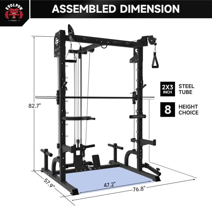EVOLPOW Squat Rack with Pulley System, Smith Bar, J-Hooks, Dip Handles, Landmine Attachment, Multi-Functional Power Cage with Optional Bench, Weight Plates for Home Gym - Image 3