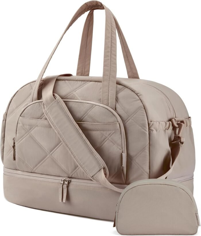 Gym Bag for Women, BAGSMART PuffyTravel Duffel Bags with Shoe Compartment, Carry on Weekender Overnight Tote Bag with Toiletry Bag, Travel Bag for Airlines, Travel, Sports, Brown - Image 2