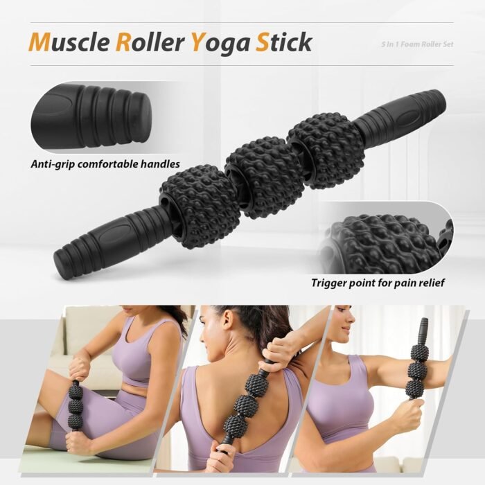 5 in1 Foam Roller Set, Trigger Point Foam Roller, Massage Roller Stick, Massage Ball, Resistance Band for Deep Muscle Massage Pilates Yoga,Fitness Exercise for Whole Body (Pure Black) - Image 5