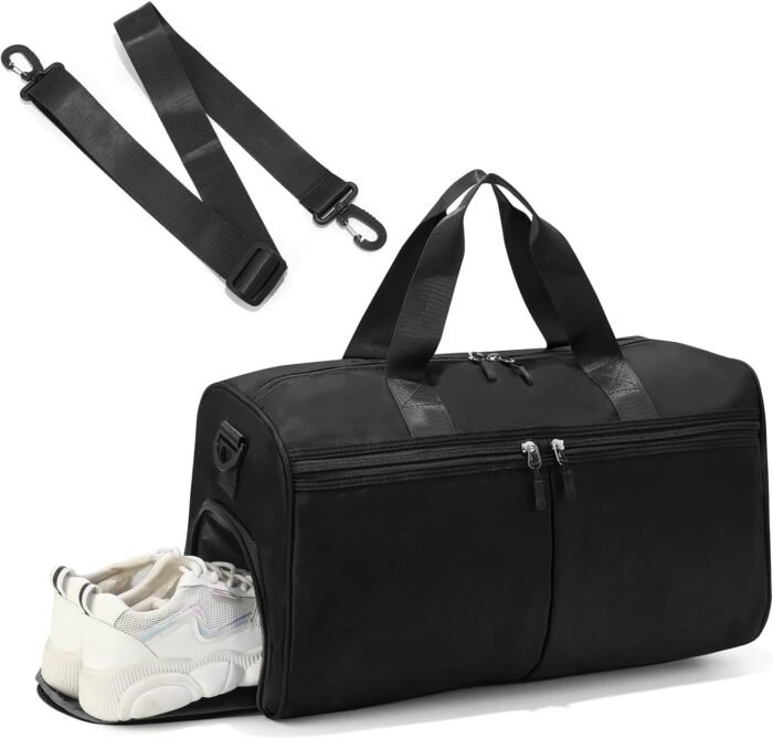 Gym Bag with Shoe Compartment, Weekender Bags for Women, Overnight Bag with Wet Pocket for Luggage Travel Workout Yoga, Black - Image 2